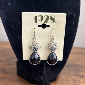 1928 Silver-Tone Black Faceted Teardrop Dangle Earrings
